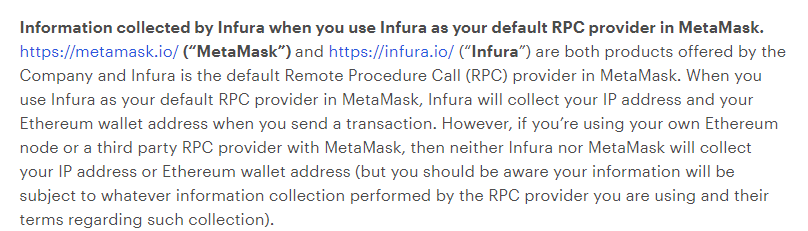 MetaMask将在默认RPC为Infura的情况下收集用户信息
